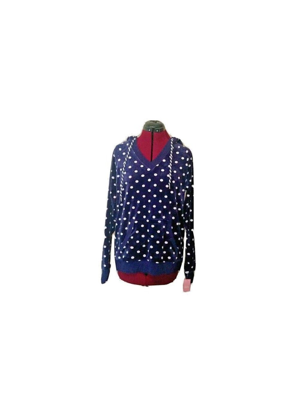 Jenni Women’s Sleepwear Hoodie Pajama Top Velour Navy Dots V-Neck Size Large